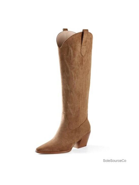 Shoes - Knee High Cowboy Boots Pointed Toe Block Heel Embroidered Faux Suede